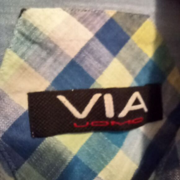 Via Uomo Button Front Shirt-Large-Reversible Cuffs-Roll Tab Sleeve-Contrast Trim - Picture 10 of 12